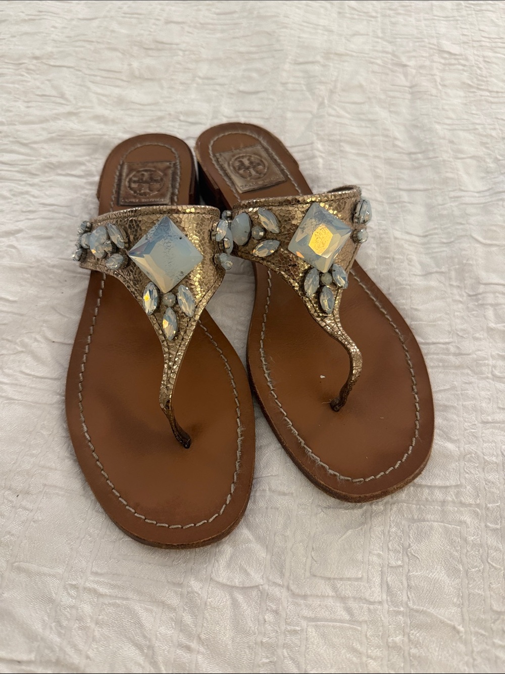 Tory Burch Gold Jewel Embellished Thong Sandals Sz 9.5